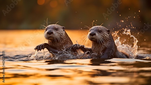 two otters swimming in water