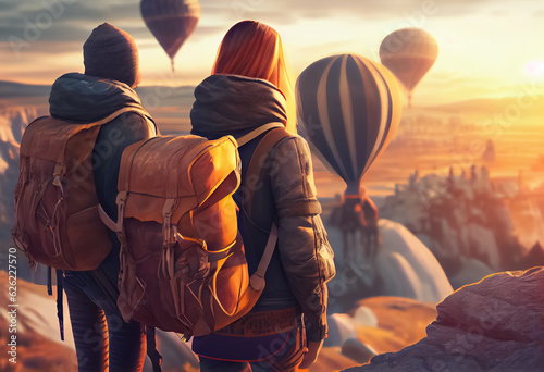 illustration of group of tourist people with backpack watch r balloons in cappadocia mountns at down .