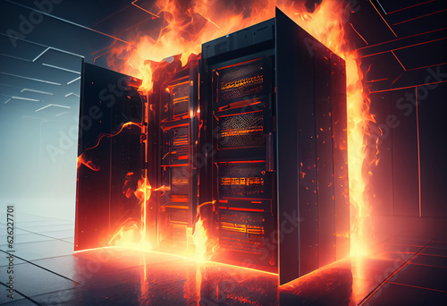Tableau sur toile illustration of data center service on fire puffs of smoke information leak