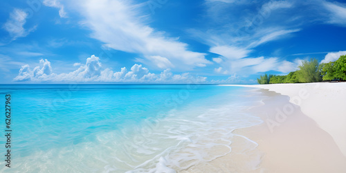 Beautiful sandy beach with white sand and rolling calm wave of turquoise ocean on Sunny day on background white clouds in blue sky. colorful perfect panoramic natural landscape