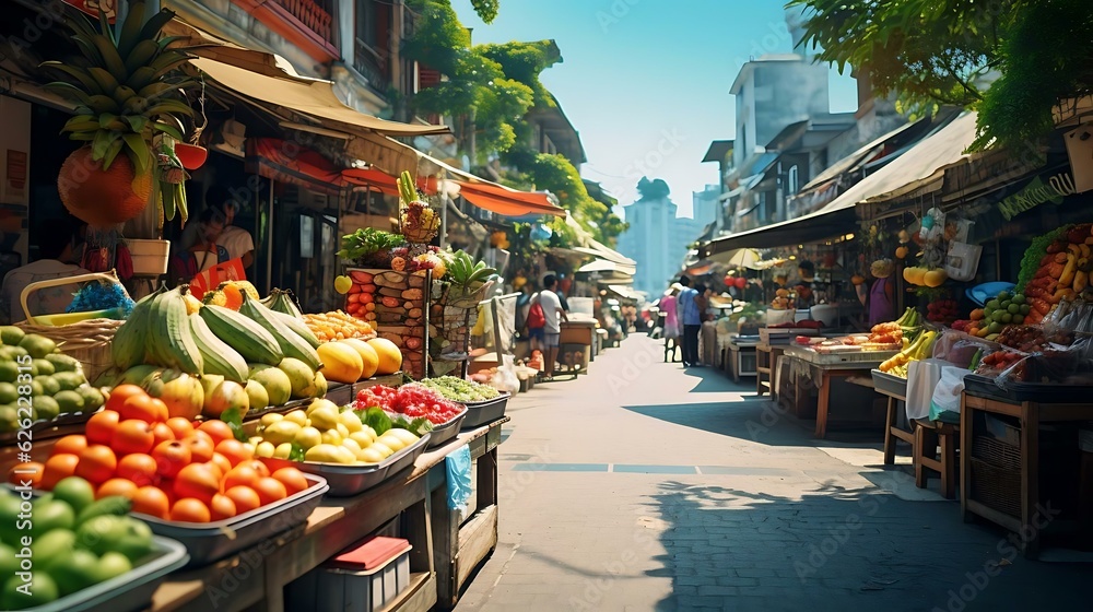 a street with fruits and vegetables