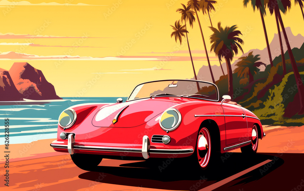 Beautiful poster illustration of a classic car at sunset in the beach.