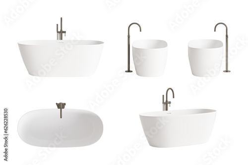 Set of five angles of a modern white freestanding bathtub with a matte black water faucet. Front view, side views, top view, perspective. 3d render