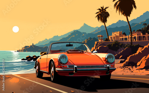 Beautiful poster illustration of a classic car at sunset in the beach.