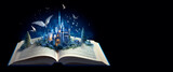 Dark banner of open book with a fantasy world popping out. World book day.