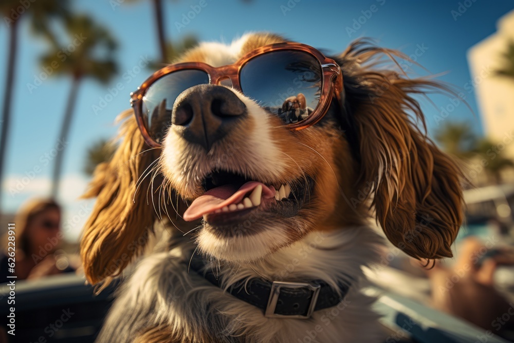 Dog Enjoying A Car Ride With Sunglasses. Summer vacation with dog, road trip. Dog Traveling. Generative AI Technology