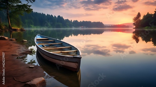 a boat sits on the shore of a lake © KWY