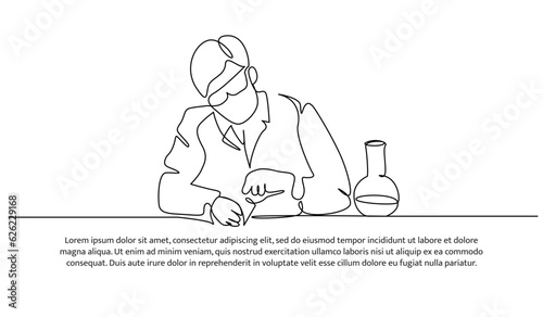 Continuous line design of the man doing lab testing. Decorative elements are drawn on a white background.
