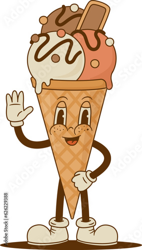 Retro cartoon Ice cream cone character. Vector illustration. Vintage sweet food mascot. Nostalgia 60s, 70s, 80s