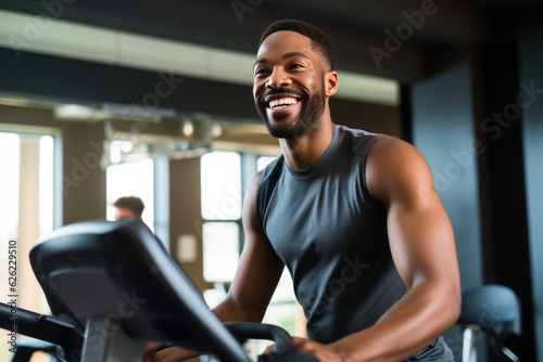 Happy young man getting into his workout routine with an exercise bike. Generative AI.
