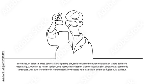 Continuous line design of the man doing lab testing. Decorative elements are drawn on a white background.