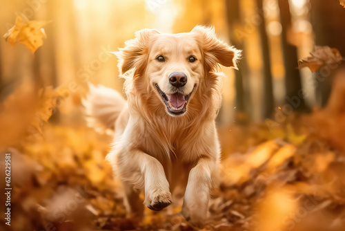 Happy dog running in the autumn forest. © terra.incognita