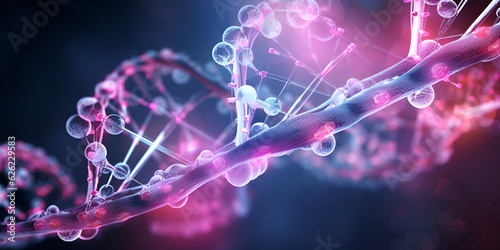 DNA genome decoding colorful design concept. Purple macro fantasy of a digital microscope. Laboratory research of molecular particles 3D illustration photo