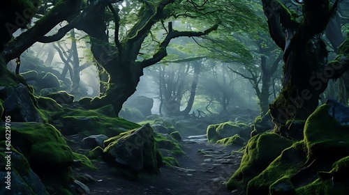 a forest with mossy rocks