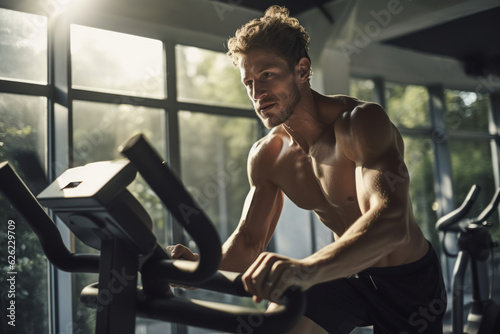 Revving up for Wellness  Young Man Crushing Cardio Goals with Exercise Bike. Generative AI.