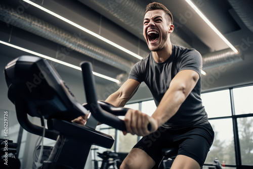 Revving up for Wellness: Young Man Crushing Cardio Goals with Exercise Bike. Generative AI. © GustavsMD