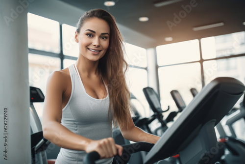 Revving up for Wellness: Young woan Crushing Cardio Goals with Exercise Bike. Generative AI.