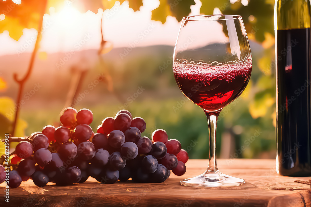 glass of wine with grapes on a sunny background.