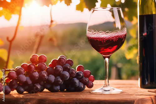 glass of wine with grapes on a sunny background.