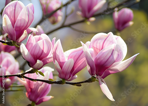 Pink spring magnolia flowers branch- ai generative