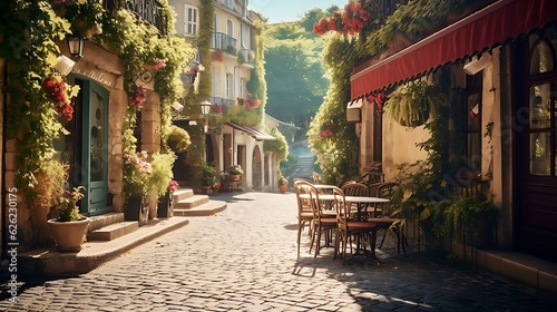 a brick road with tables and chairs on it