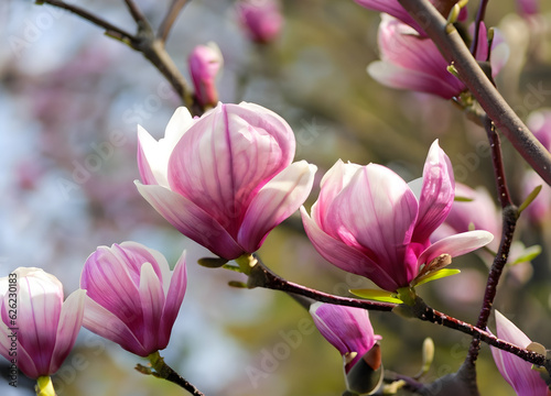 Pink spring magnolia flowers branch- ai generative