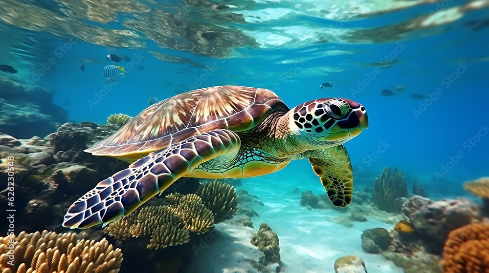 Obraz premium a turtle swimming in the water