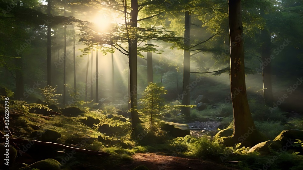 Obraz premium a forest with trees and rocks