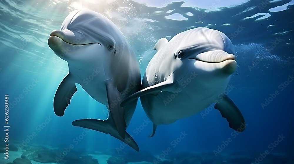 Fototapeta premium a group of dolphins swimming in the water