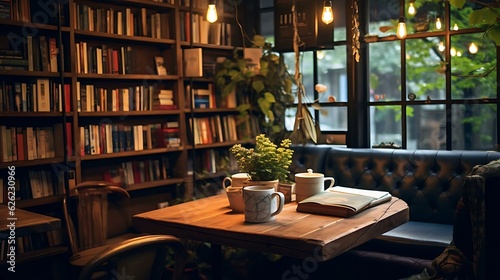 a table with a book and a plant on it in front of a window