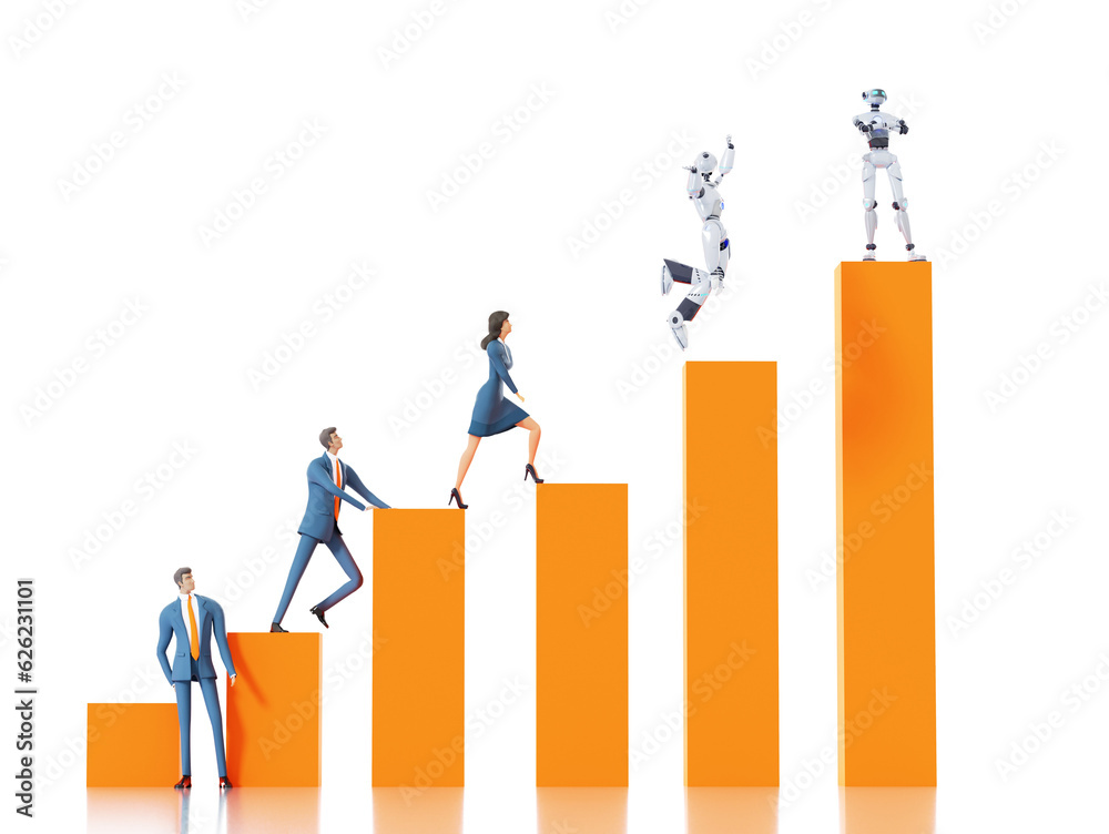 Robots stay on top of Graphs and Charts. Robots VS humans. 3D rendering illustration Robots stay on top of Graphs and Charts. Robots VS humans. 3D rendering illustration