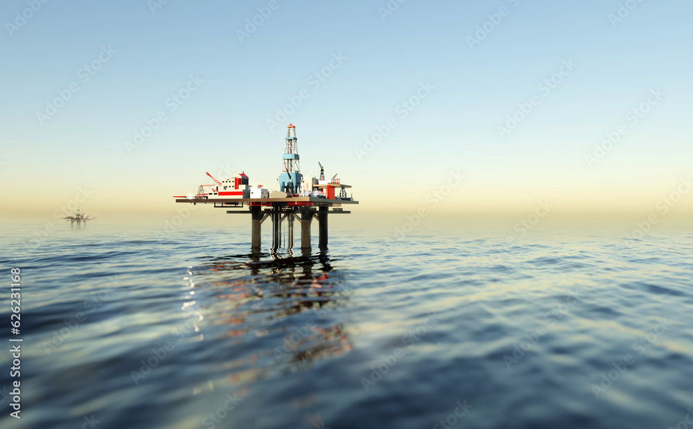 Offshore oil rig, drilling rig, jack up rig, oil platform at the sea during sunset. 3D rendering illustration