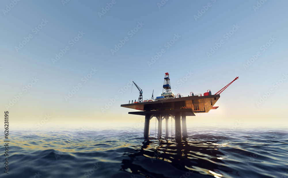Offshore oil rig, drilling rig, jack up rig, oil platform at the sea during sunset. 3D rendering illustration