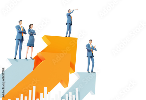 Business people stay on top of big arrow and looking for new start up. 3D rendering illustration