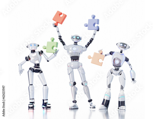 Tree robots holding puzzle pieces up. 3D rendering illustration