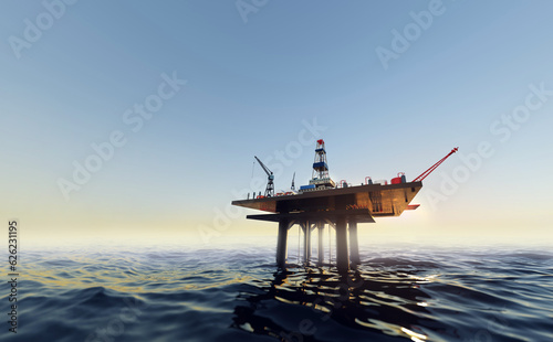 Offshore oil rig, drilling rig, jack up rig, oil platform at the sea during sunset. 3D rendering illustration