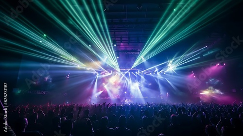 a crowd of people in front of a stage with lights