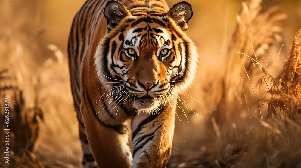 Fototapeta a tiger walking in a field