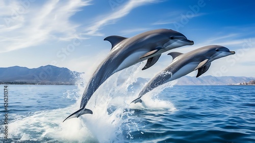 a couple of dolphins jumping out of the water