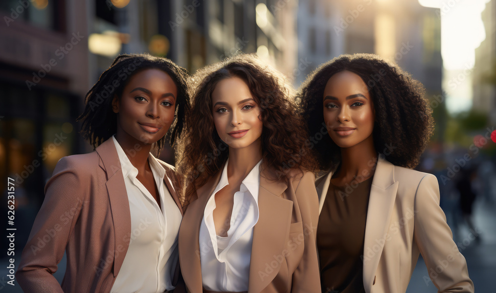 Closeup of 3 multi-ethnic businesswomen looking confident with a cityscape background. Generative Ai.