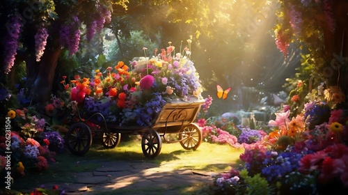 a carriage with flowers in a garden photo