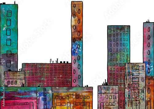 Fotografie Colorful mixed media cityscape, digital collage and digital drawing