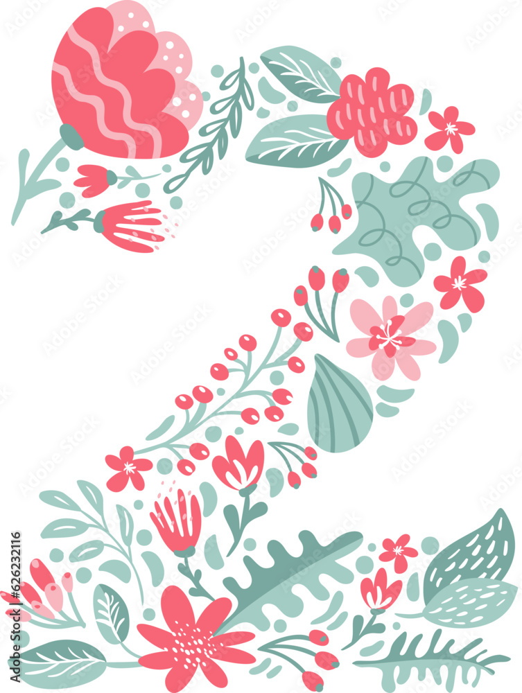 Vector Hand Drawn Font Number 2 two with Flowers and Branches Blossom Spring. Floral alphabet Typography Summer letter monogram or Logo Design wedding abc
