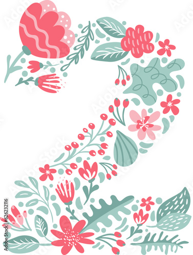 Vector Hand Drawn Font Number 2 two with Flowers and Branches Blossom Spring. Floral alphabet Typography Summer letter monogram or Logo Design wedding abc