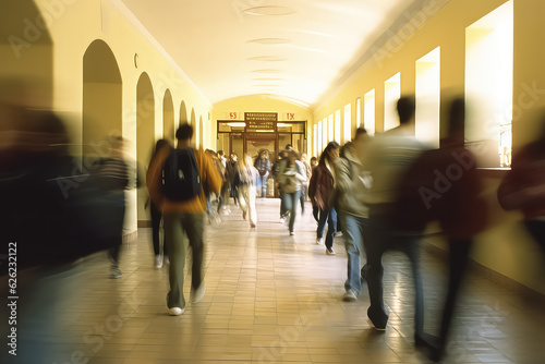 Fototapeta Blurred shot of high school students walking up the strs between classes in a bu