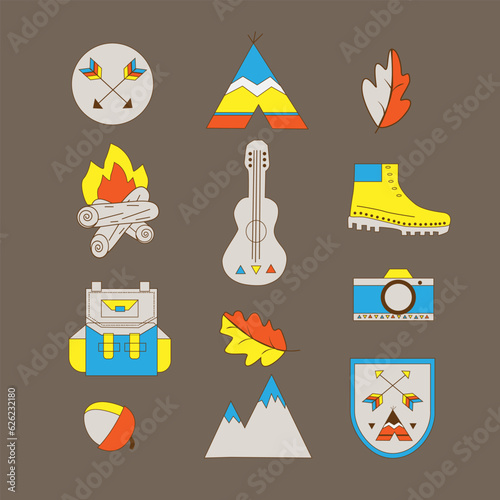 Set of isolated elements. Hike, tourists, mountains, bonfire, camera, tent.