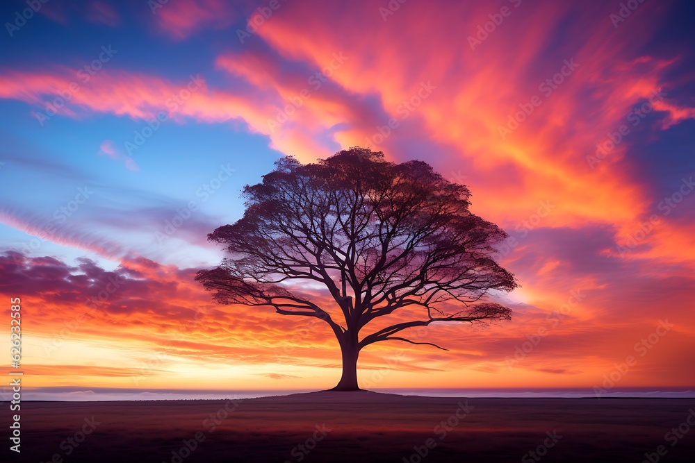 A striking silhouette of a lone tree against a vibrant sunset sky, its branches reaching towards the heavens with unwavering determination.