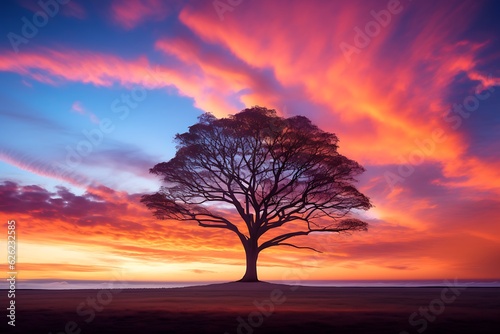 A striking silhouette of a lone tree against a vibrant sunset sky, its branches reaching towards the heavens with unwavering determination.