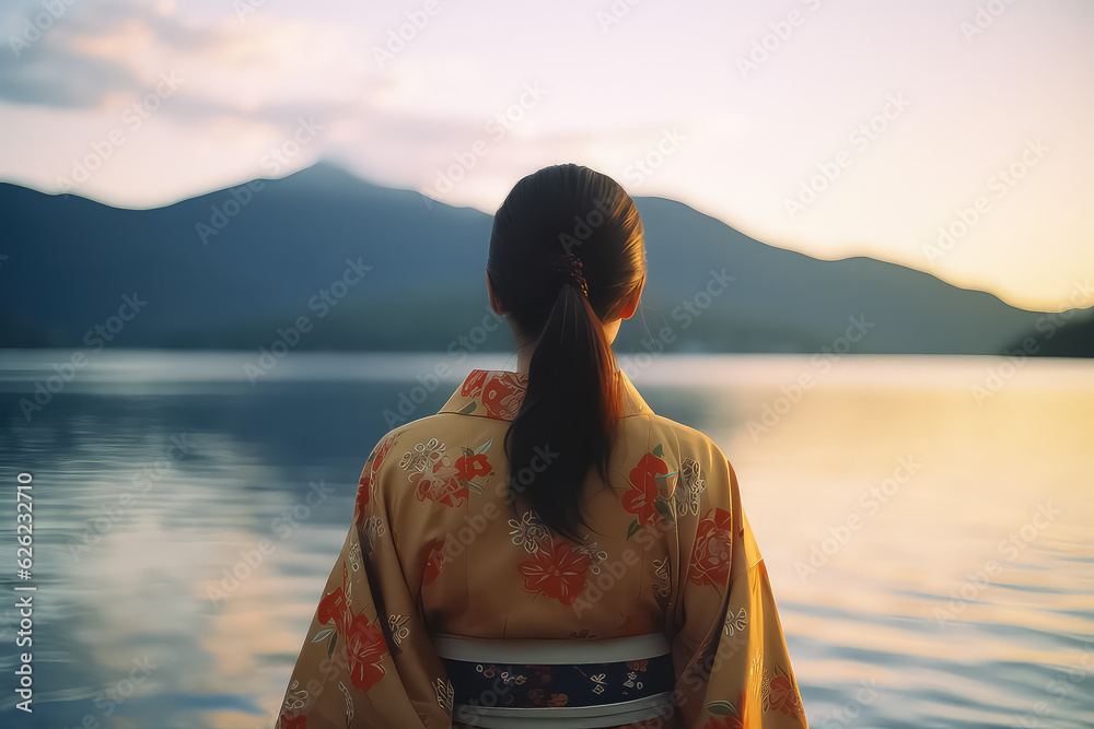 Asian woman in traditional Japanese kimono on Mount Fuji.