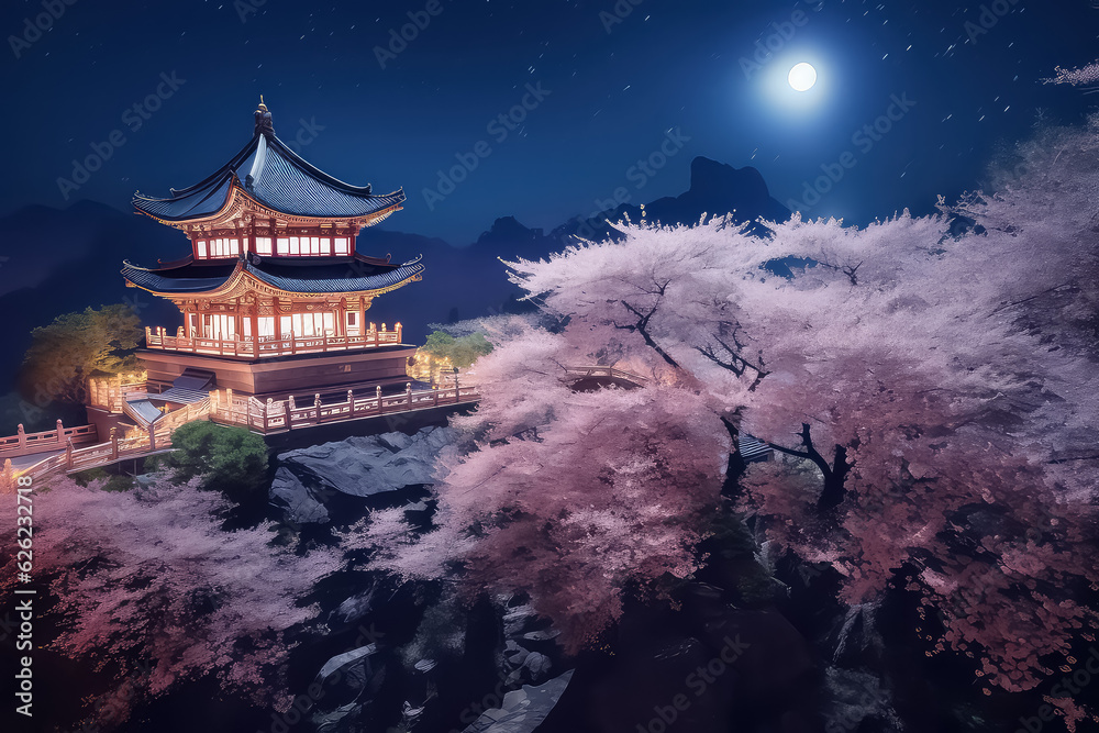 Night view of Toji Temple pagoda and giant sakura tree blossom i